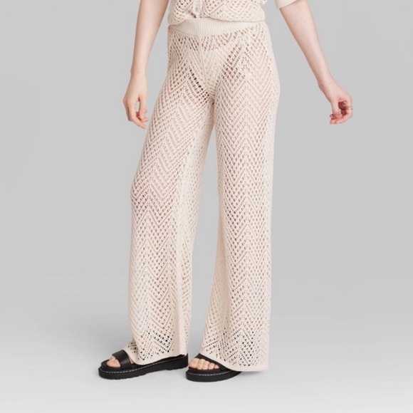 WILD FABLE Wide Leg Open-Work Pointelle Pants in Off White - Picture 3 of 3